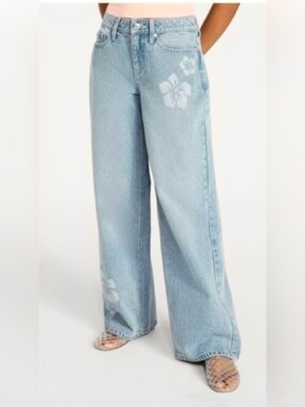NWT No Boundaries Light Blue Wide-Leg Low Rise Baggy Floral Jeans 20 Cotton